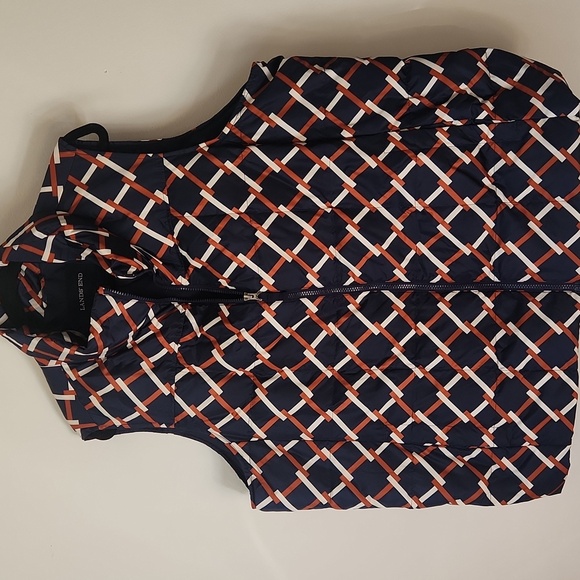 Land's End Blue Brown White Geo Check Sleeveless Full Zip Down Puffer Vest 2x - Picture 1 of 8